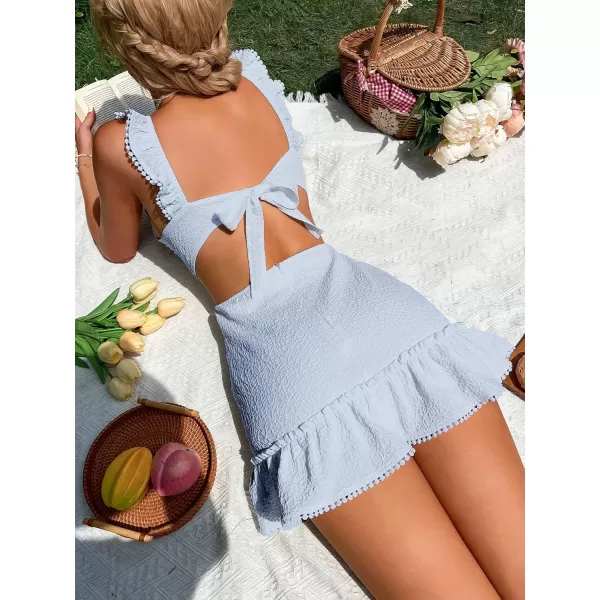 WDIRARA Women's Boho Backless Knot Ruffle Hem High Waist Trim Textured Mini Dress