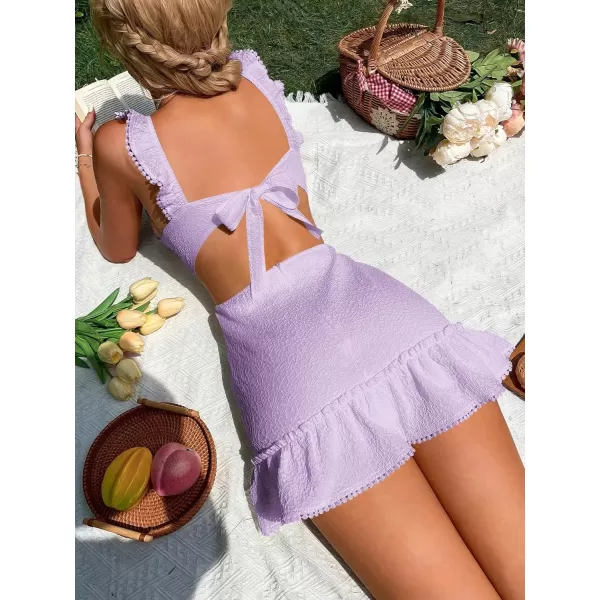 WDIRARA Women's Boho Backless Knot Ruffle Hem High Waist Trim Textured Mini Dress