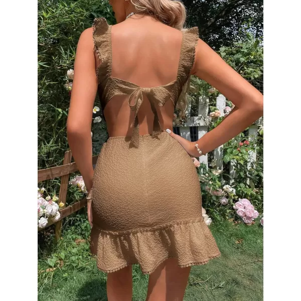 WDIRARA Women's Boho Backless Knot Ruffle Hem High Waist Trim Textured Mini Dress