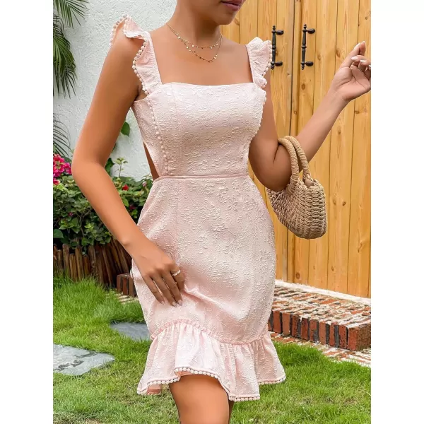 WDIRARA Women's Boho Backless Knot Ruffle Hem High Waist Trim Textured Mini Dress
