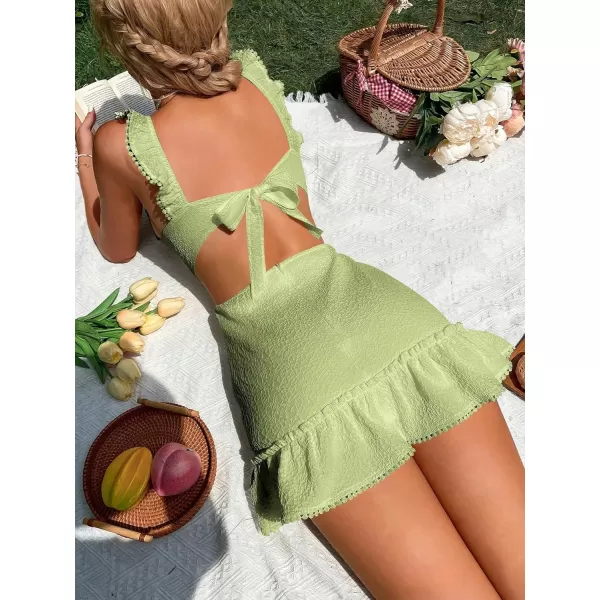 WDIRARA Women's Boho Backless Knot Ruffle Hem High Waist Trim Textured Mini Dress