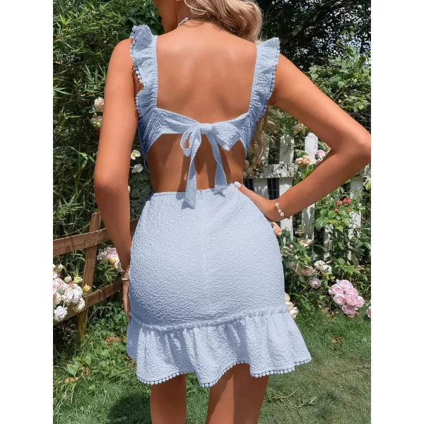 WDIRARA Women's Boho Backless Knot Ruffle Hem High Waist Trim Textured Mini Dress