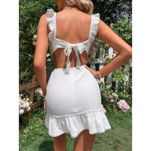 WDIRARA Women's Boho Backless Knot Ruffle Hem High Waist Trim Textured Mini Dress