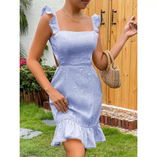 WDIRARA Women's Boho Backless Knot Ruffle Hem High Waist Trim Textured Mini Dress
