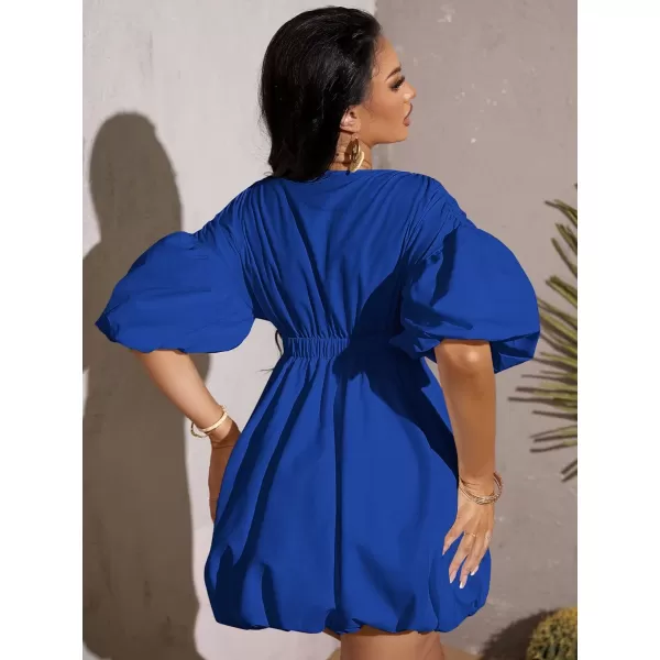 WDIRARA Women's Deep V Neck Puff Sleeve High Rise Flare Dress Elastic Waist Dress