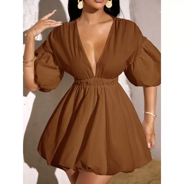 WDIRARA Women's Deep V Neck Puff Sleeve High Rise Flare Dress Elastic Waist Dress
