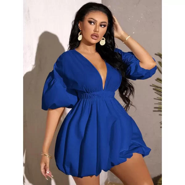 WDIRARA Women's Deep V Neck Puff Sleeve High Rise Flare Dress Elastic Waist Dress