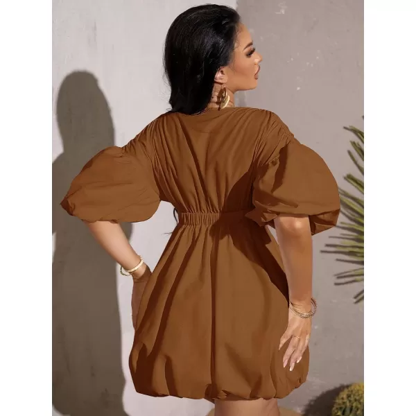 WDIRARA Women's Deep V Neck Puff Sleeve High Rise Flare Dress Elastic Waist Dress