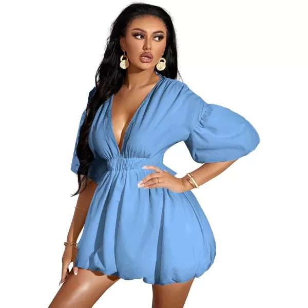 WDIRARA Women's Deep V Neck Puff Sleeve High Rise Flare Dress Elastic Waist Dress