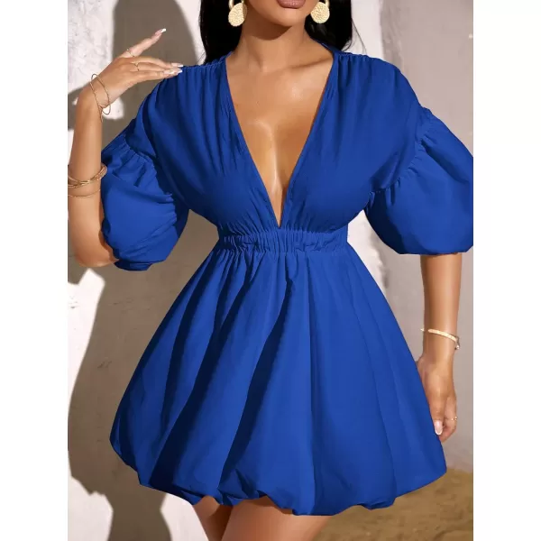 WDIRARA Women's Deep V Neck Puff Sleeve High Rise Flare Dress Elastic Waist Dress
