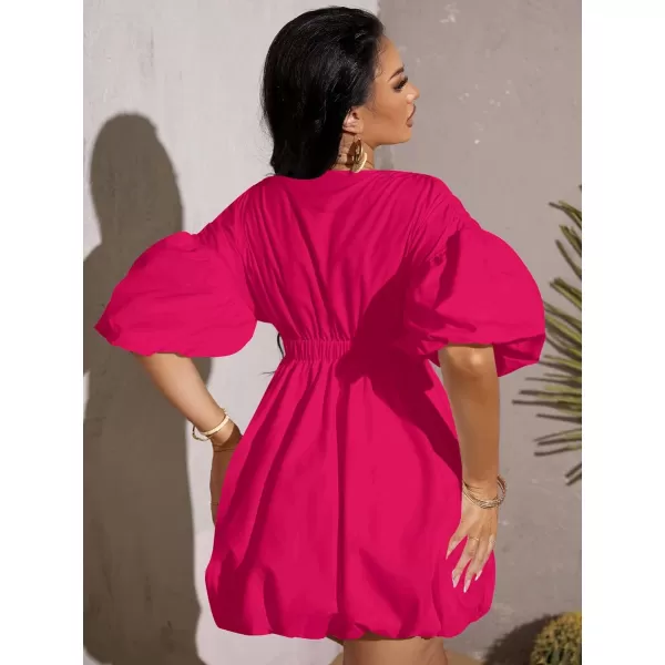 WDIRARA Women's Deep V Neck Puff Sleeve High Rise Flare Dress Elastic Waist Dress