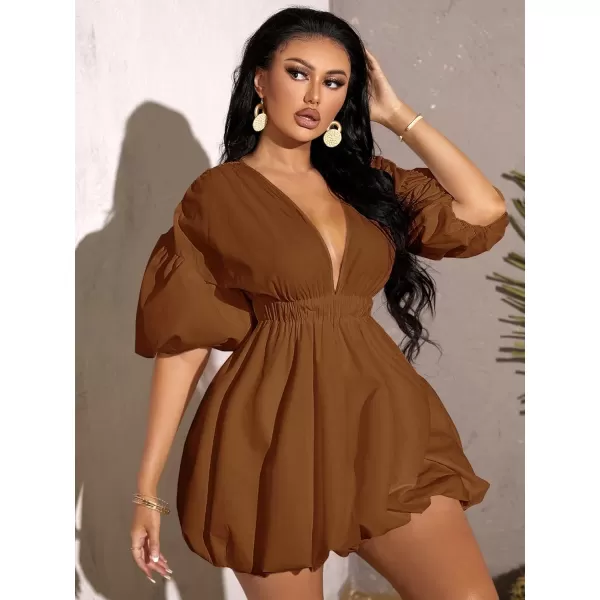WDIRARA Women's Deep V Neck Puff Sleeve High Rise Flare Dress Elastic Waist Dress