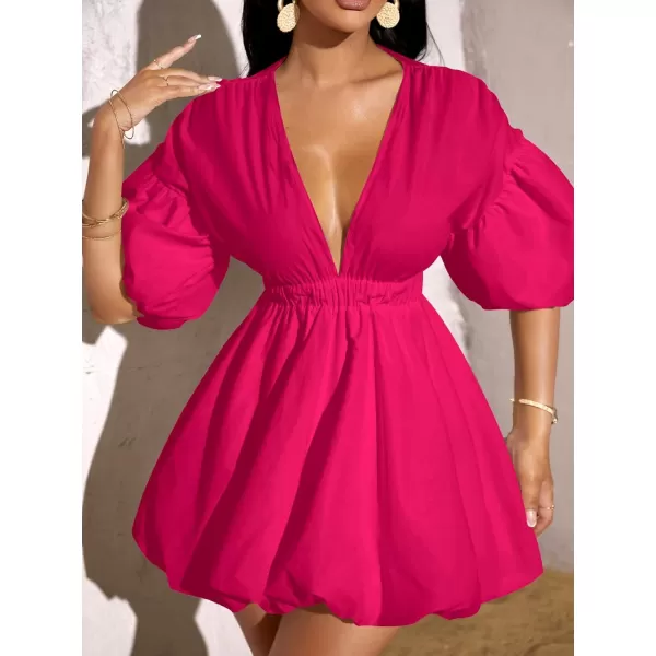 WDIRARA Women's Deep V Neck Puff Sleeve High Rise Flare Dress Elastic Waist Dress
