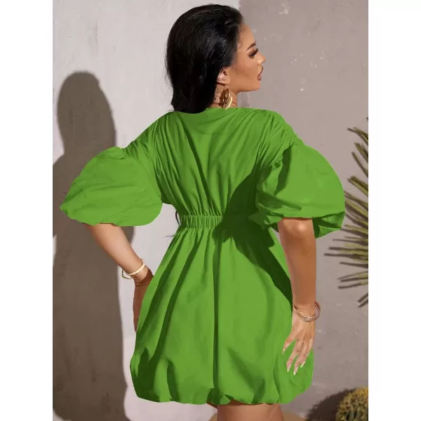 WDIRARA Women's Deep V Neck Puff Sleeve High Rise Flare Dress Elastic Waist Dress