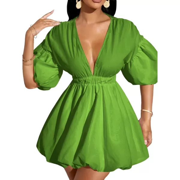WDIRARA Women's Deep V Neck Puff Sleeve High Rise Flare Dress Elastic Waist Dress