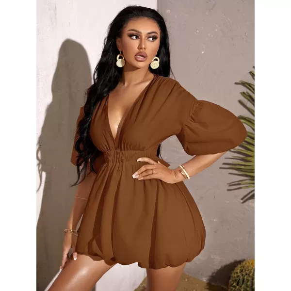 WDIRARA Women's Deep V Neck Puff Sleeve High Rise Flare Dress Elastic Waist Dress