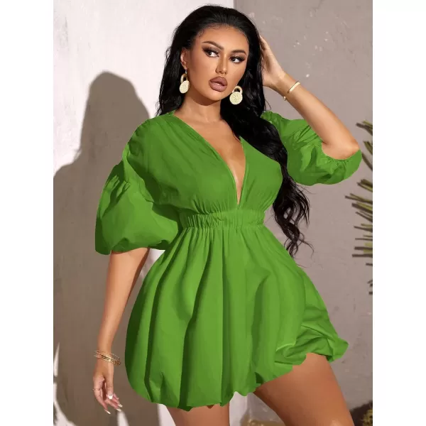 WDIRARA Women's Deep V Neck Puff Sleeve High Rise Flare Dress Elastic Waist Dress