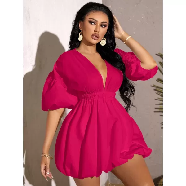 WDIRARA Women's Deep V Neck Puff Sleeve High Rise Flare Dress Elastic Waist Dress