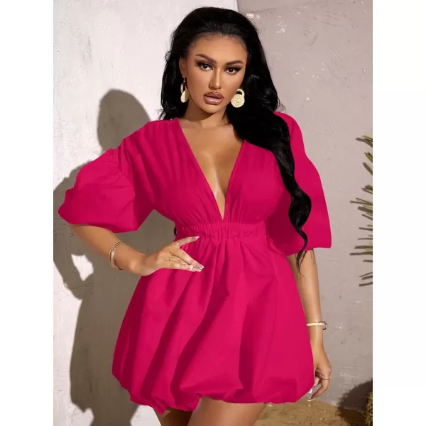 WDIRARA Women's Deep V Neck Puff Sleeve High Rise Flare Dress Elastic Waist Dress