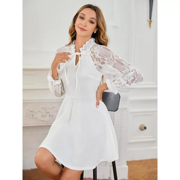 WDIRARA Women's Floral Lace Tie Front V Neck Long Sleeve Flare Hem A Line Short Dress