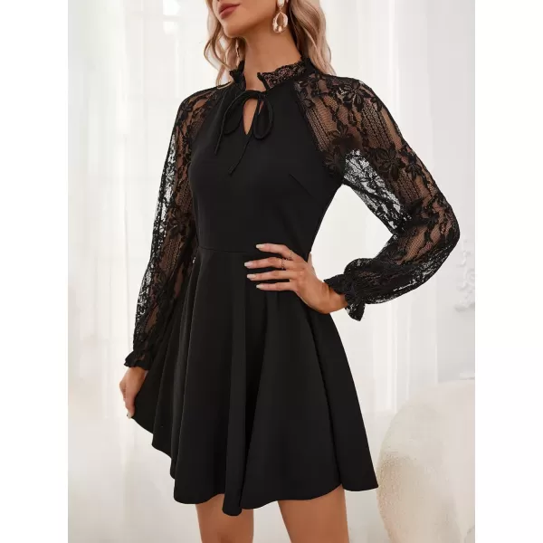 WDIRARA Women's Floral Lace Tie Front V Neck Long Sleeve Flare Hem A Line Short Dress