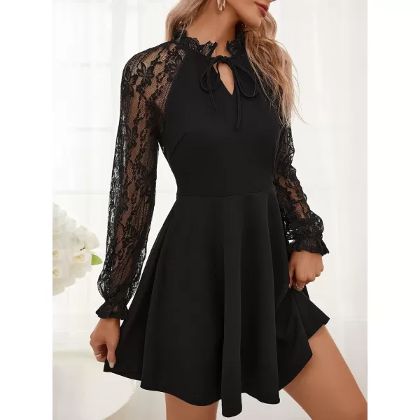 WDIRARA Women's Floral Lace Tie Front V Neck Long Sleeve Flare Hem A Line Short Dress