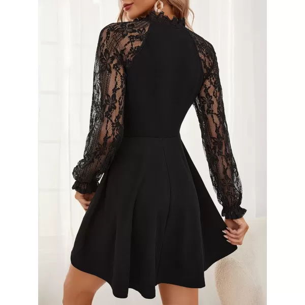 WDIRARA Women's Floral Lace Tie Front V Neck Long Sleeve Flare Hem A Line Short Dress
