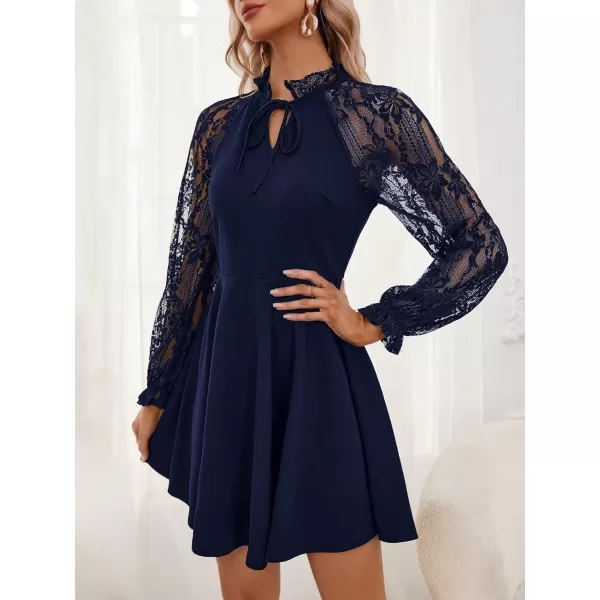 WDIRARA Women's Floral Lace Tie Front V Neck Long Sleeve Flare Hem A Line Short Dress