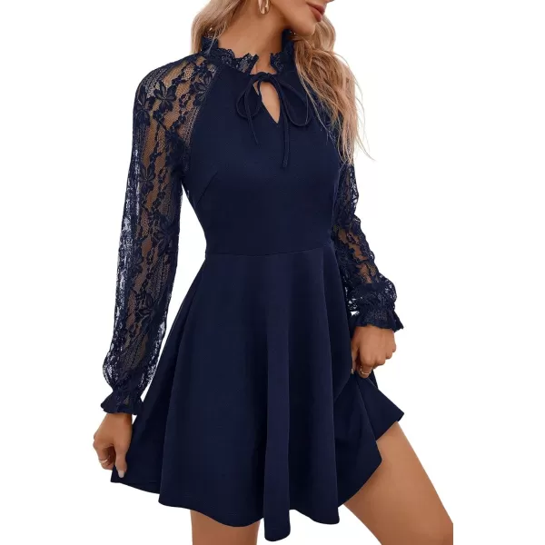 WDIRARA Women's Floral Lace Tie Front V Neck Long Sleeve Flare Hem A Line Short Dress