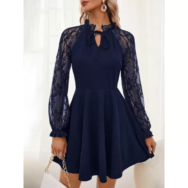WDIRARA Women's Floral Lace Tie Front V Neck Long Sleeve Flare Hem A Line Short Dress