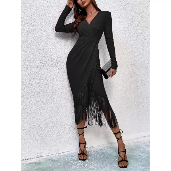 WDIRARA Women's Fringe Wrap Ruched V Neck Long Sleeve Solid Bodycon Party Maxi Dress