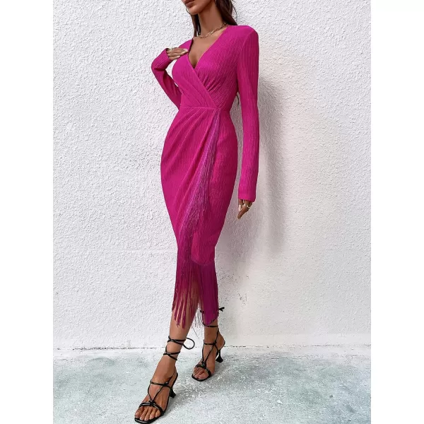 WDIRARA Women's Fringe Wrap Ruched V Neck Long Sleeve Solid Bodycon Party Maxi Dress