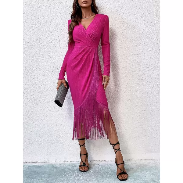 WDIRARA Women's Fringe Wrap Ruched V Neck Long Sleeve Solid Bodycon Party Maxi Dress