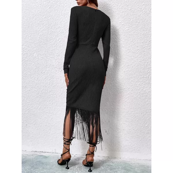WDIRARA Women's Fringe Wrap Ruched V Neck Long Sleeve Solid Bodycon Party Maxi Dress
