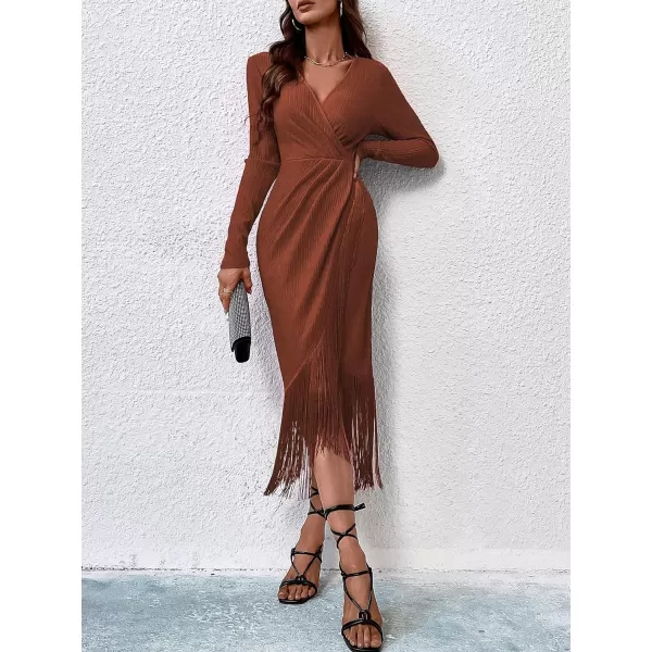 WDIRARA Women's Fringe Wrap Ruched V Neck Long Sleeve Solid Bodycon Party Maxi Dress