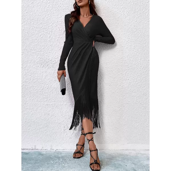 WDIRARA Women's Fringe Wrap Ruched V Neck Long Sleeve Solid Bodycon Party Maxi Dress