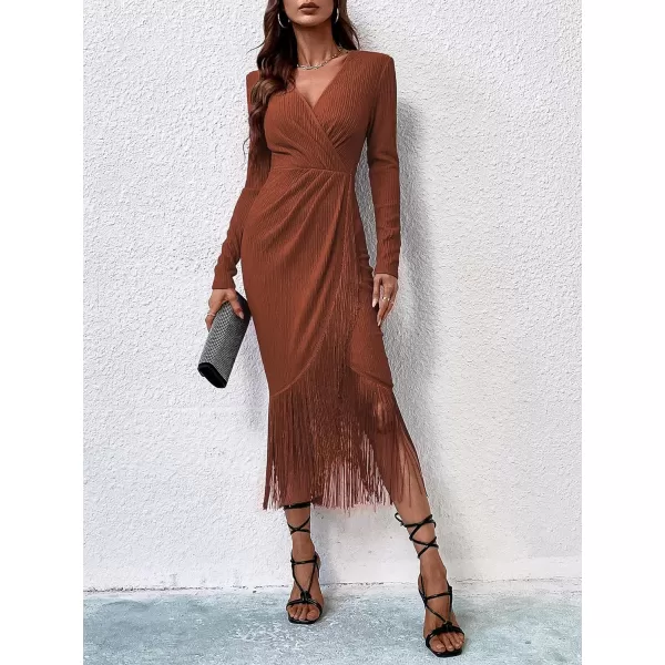 WDIRARA Women's Fringe Wrap Ruched V Neck Long Sleeve Solid Bodycon Party Maxi Dress