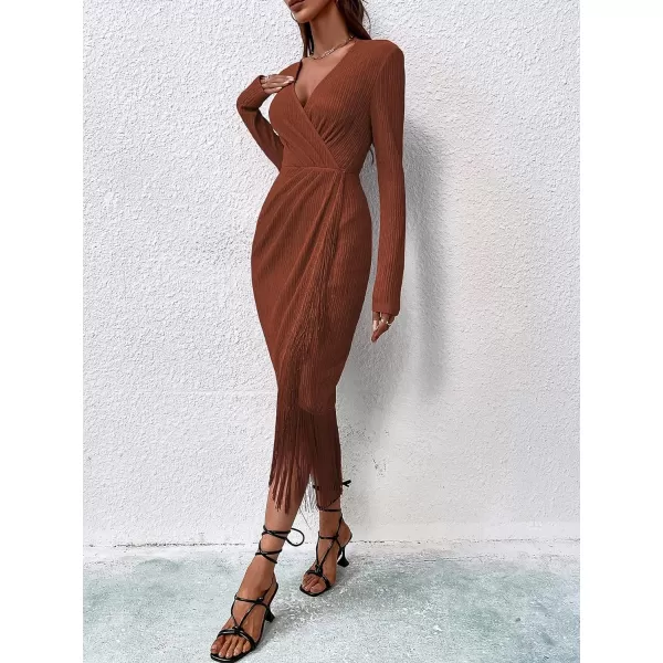 WDIRARA Women's Fringe Wrap Ruched V Neck Long Sleeve Solid Bodycon Party Maxi Dress