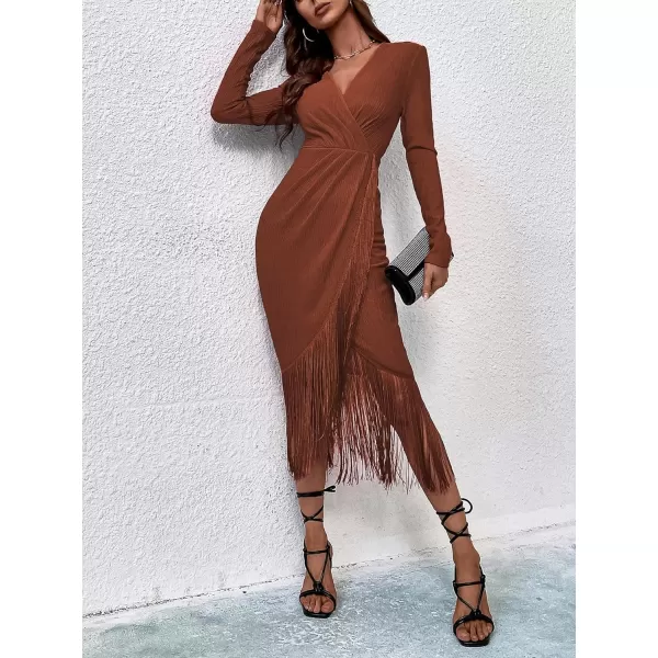 WDIRARA Women's Fringe Wrap Ruched V Neck Long Sleeve Solid Bodycon Party Maxi Dress