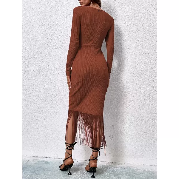 WDIRARA Women's Fringe Wrap Ruched V Neck Long Sleeve Solid Bodycon Party Maxi Dress