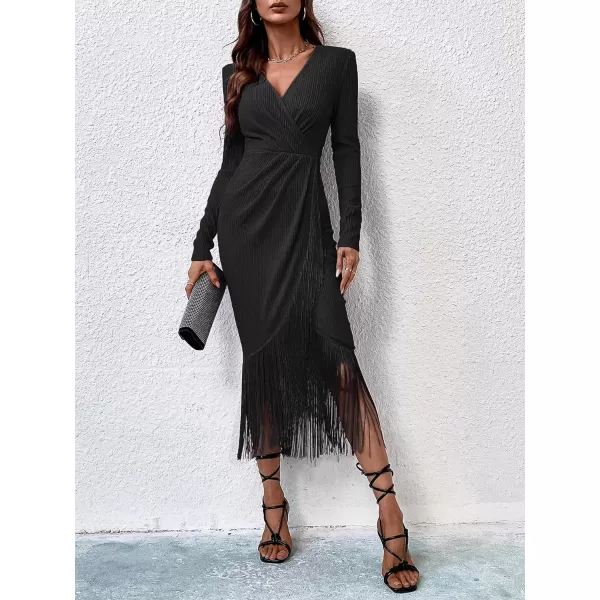 WDIRARA Women's Fringe Wrap Ruched V Neck Long Sleeve Solid Bodycon Party Maxi Dress