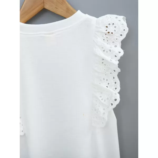 WDIRARA Women's Girls White Blouse Ruffle Cap Sleeve Plain Blank Round Neck Tie Back Summer Casual Blouses 2-7Y