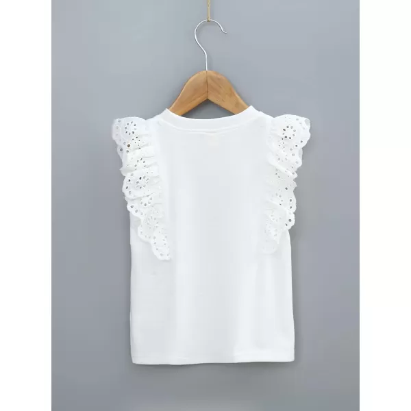 WDIRARA Women's Girls White Blouse Ruffle Cap Sleeve Plain Blank Round Neck Tie Back Summer Casual Blouses 2-7Y