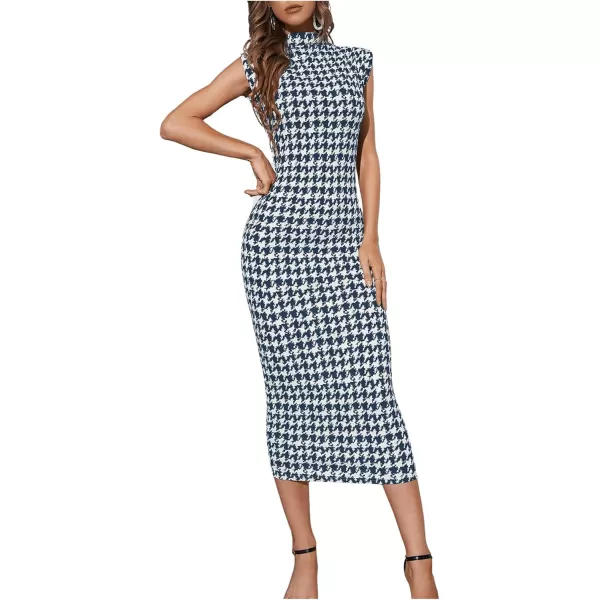 WDIRARA Women's Houndstooth Mock Neck Sleeveless Shoulder Pads Bodycon Dress