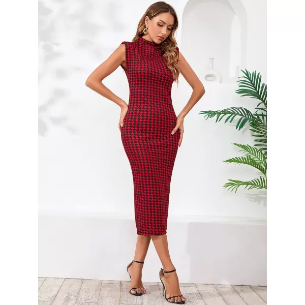 WDIRARA Women's Houndstooth Mock Neck Sleeveless Shoulder Pads Bodycon Dress