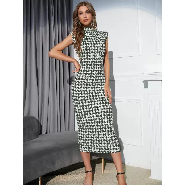 WDIRARA Women's Houndstooth Mock Neck Sleeveless Shoulder Pads Bodycon Dress