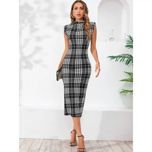 WDIRARA Women's Houndstooth Mock Neck Sleeveless Shoulder Pads Bodycon Dress