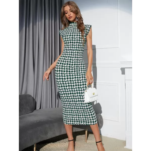 WDIRARA Women's Houndstooth Mock Neck Sleeveless Shoulder Pads Bodycon Dress