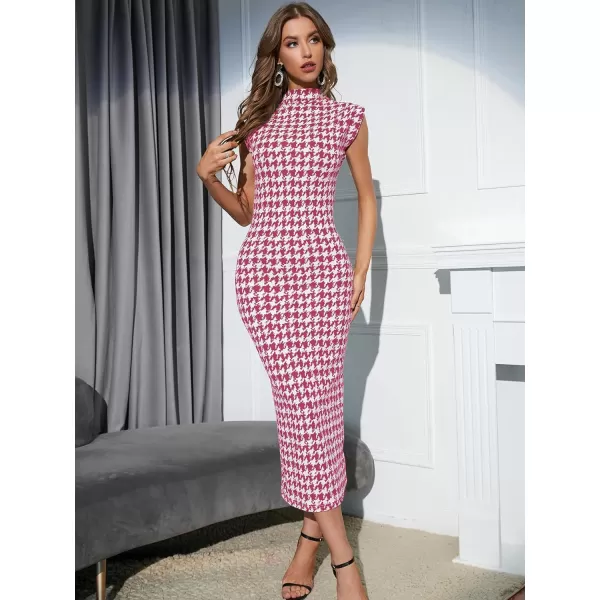 WDIRARA Women's Houndstooth Mock Neck Sleeveless Shoulder Pads Bodycon Dress