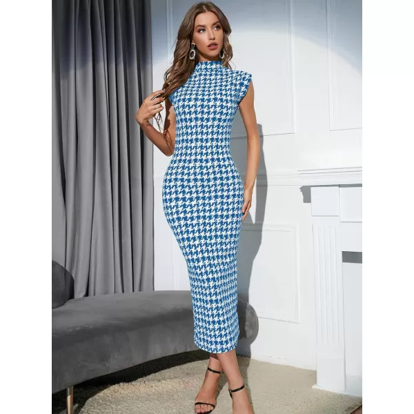 WDIRARA Women's Houndstooth Mock Neck Sleeveless Shoulder Pads Bodycon Dress